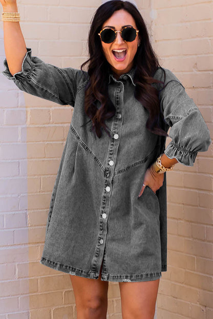 Gray Casual Buttoned Ruffle Cuffs Denim Short Dress