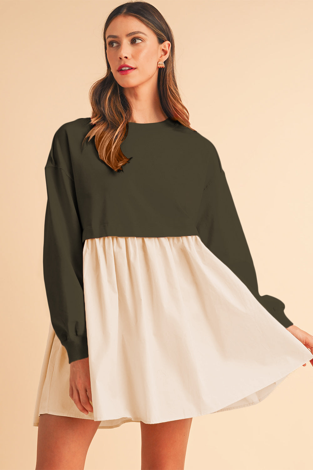 Khaki Sweatshirt 2-in-1 Flowy Pleated Mini Dress