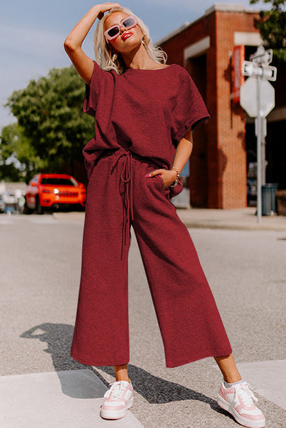 Navy Blue Textured Loose Fit T Shirt and Drawstring Pants Set