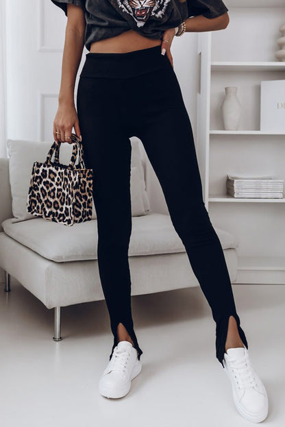 Leggings casuales de punto de canalé con abertura de talle alto negros