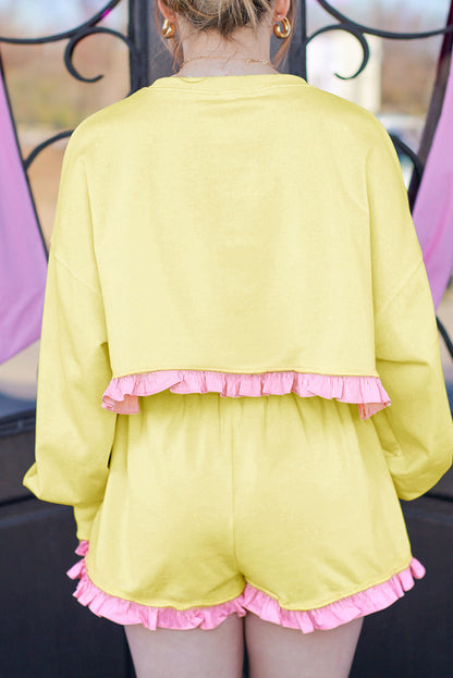 Yellow Contrast Ruffle Pullover Top and Shorts Plus Size Loungewear