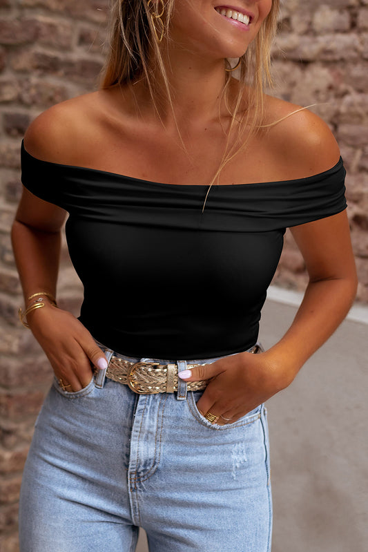 Black Solid Color Folded Off Shoulder Slim Shirt