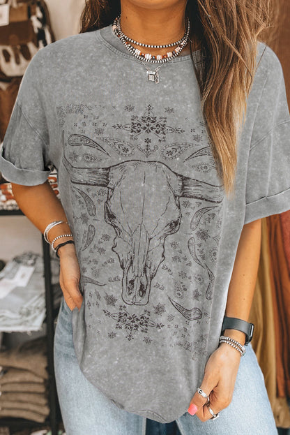 Light Grey Western Steer Head Tie Dye Print Crew Neck T Shirt
