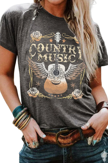 Camiseta gris con cuello redondo y estampado gráfico de guitarra COUNTRY MUSIC