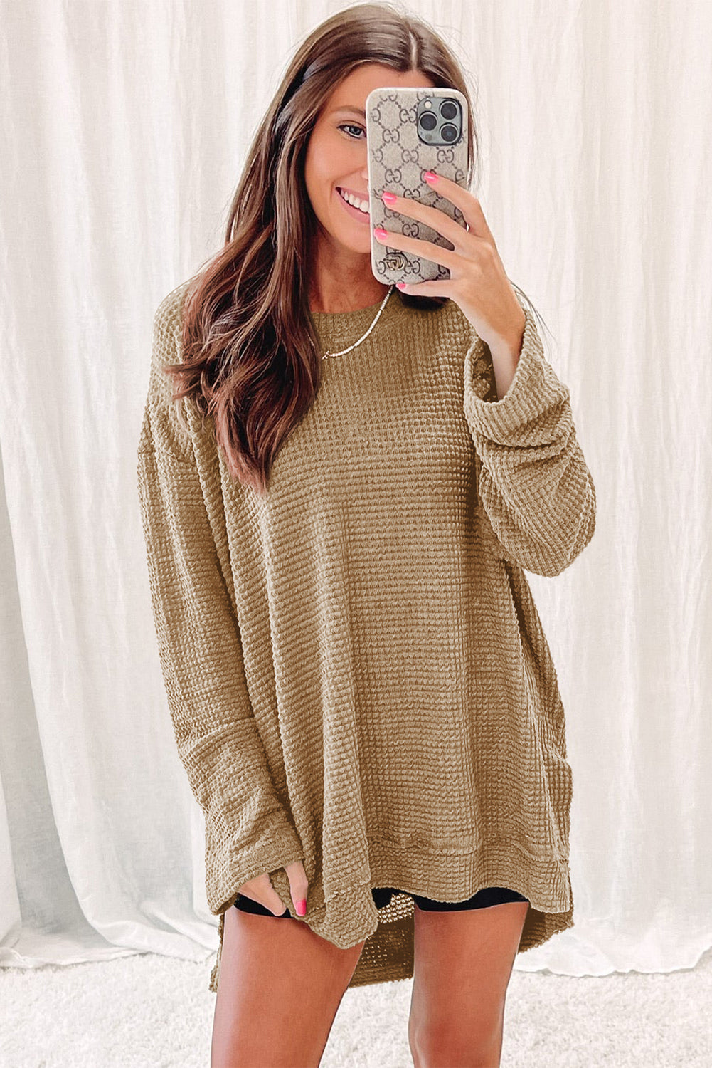 Waffle Knit Drop Sleeve High Slits Oversized Top