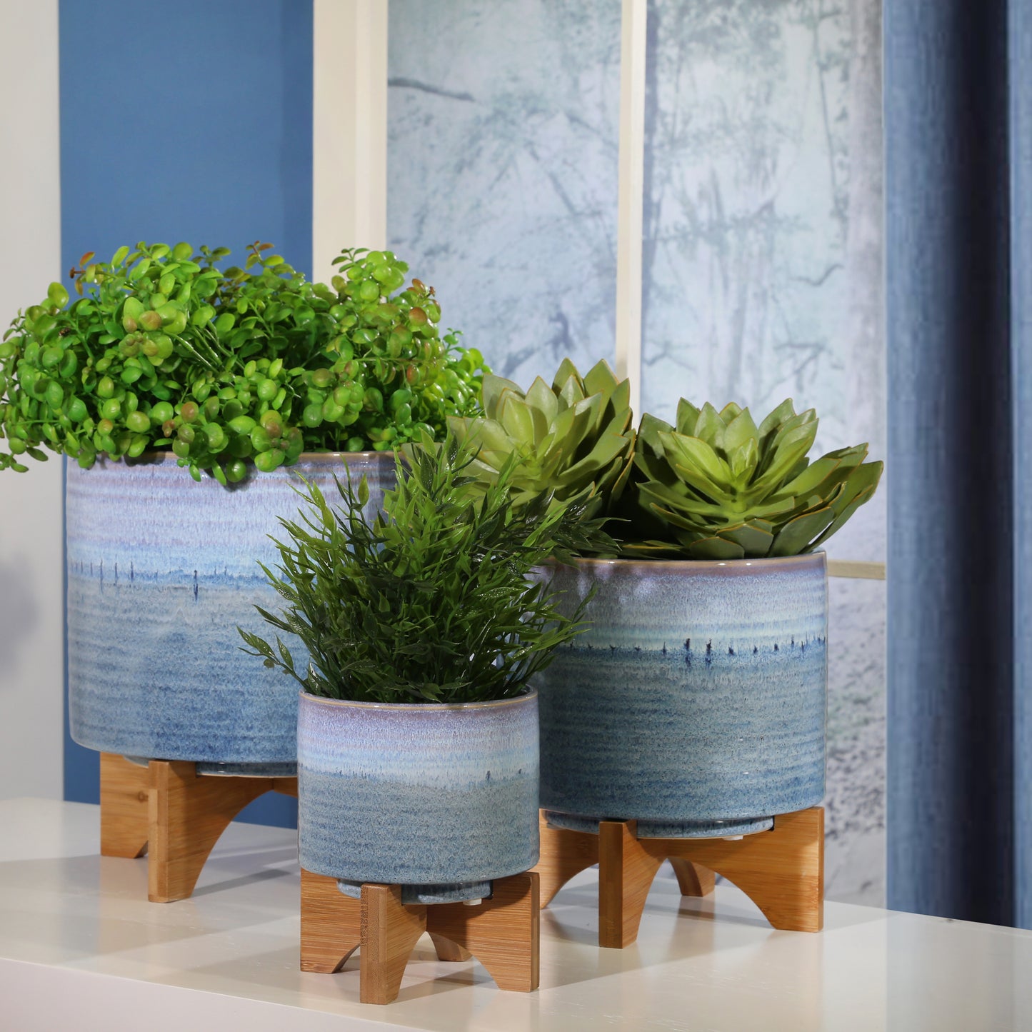 Blue Fade Ceramic Planter w/ Wood Stand