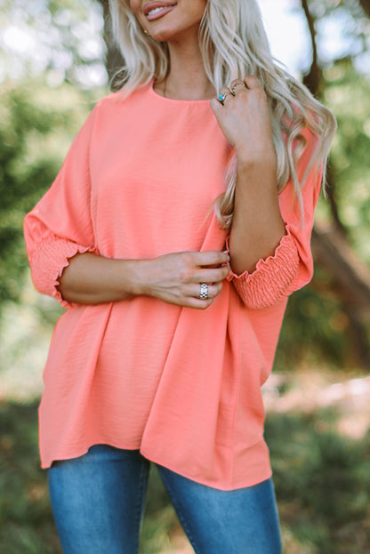 Apricot Solid Casual Smocked Cuffs Batwing Sleeve Blouse