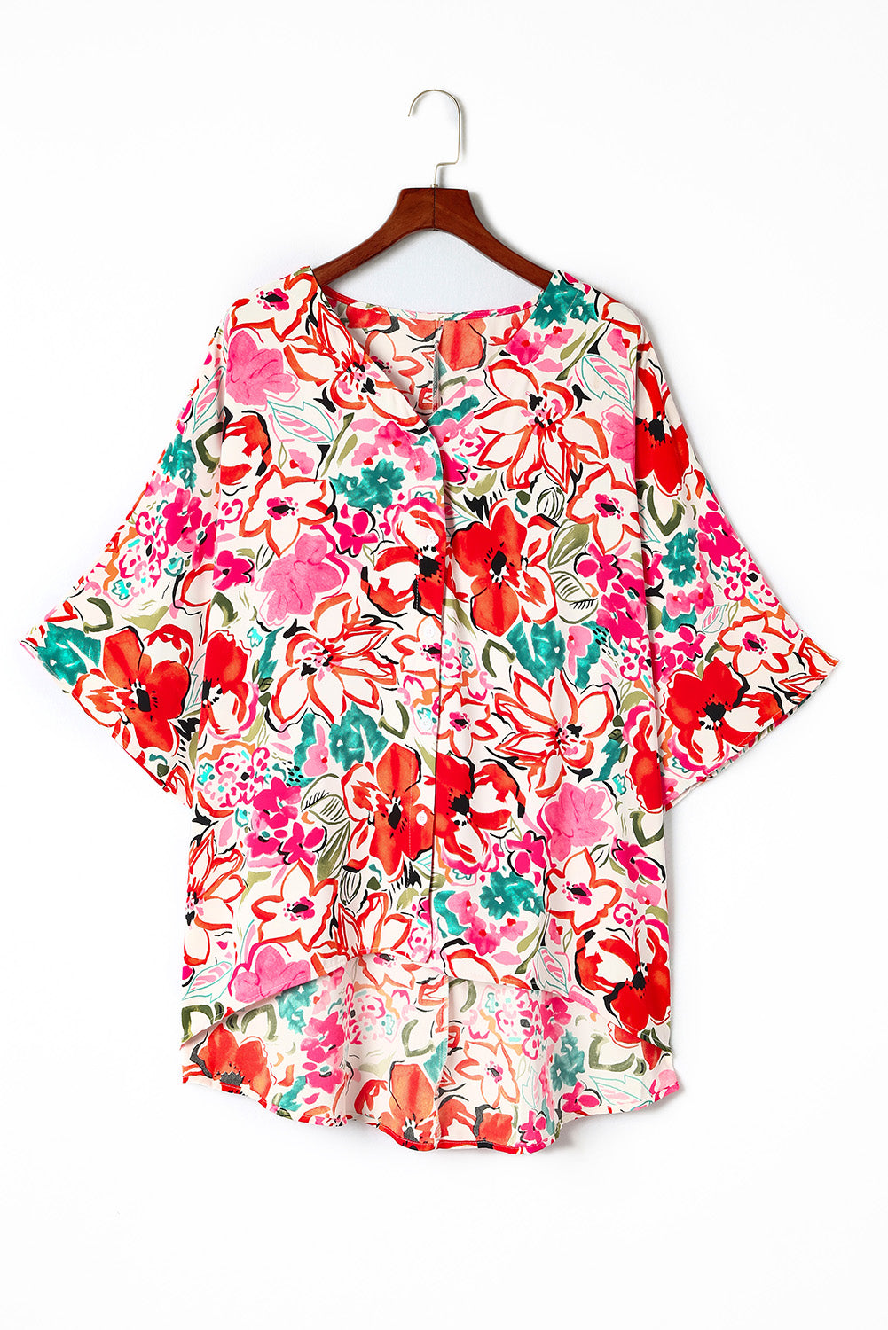 Camisa de manga kimono boho con estampado floral de talla grande rosa