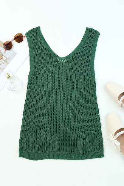 Khaki Hollowed Knit V Neck Tank Top