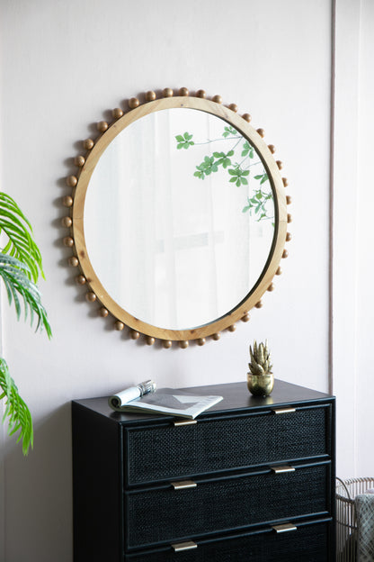 Wood Round Mirror w/ Beaded Frame