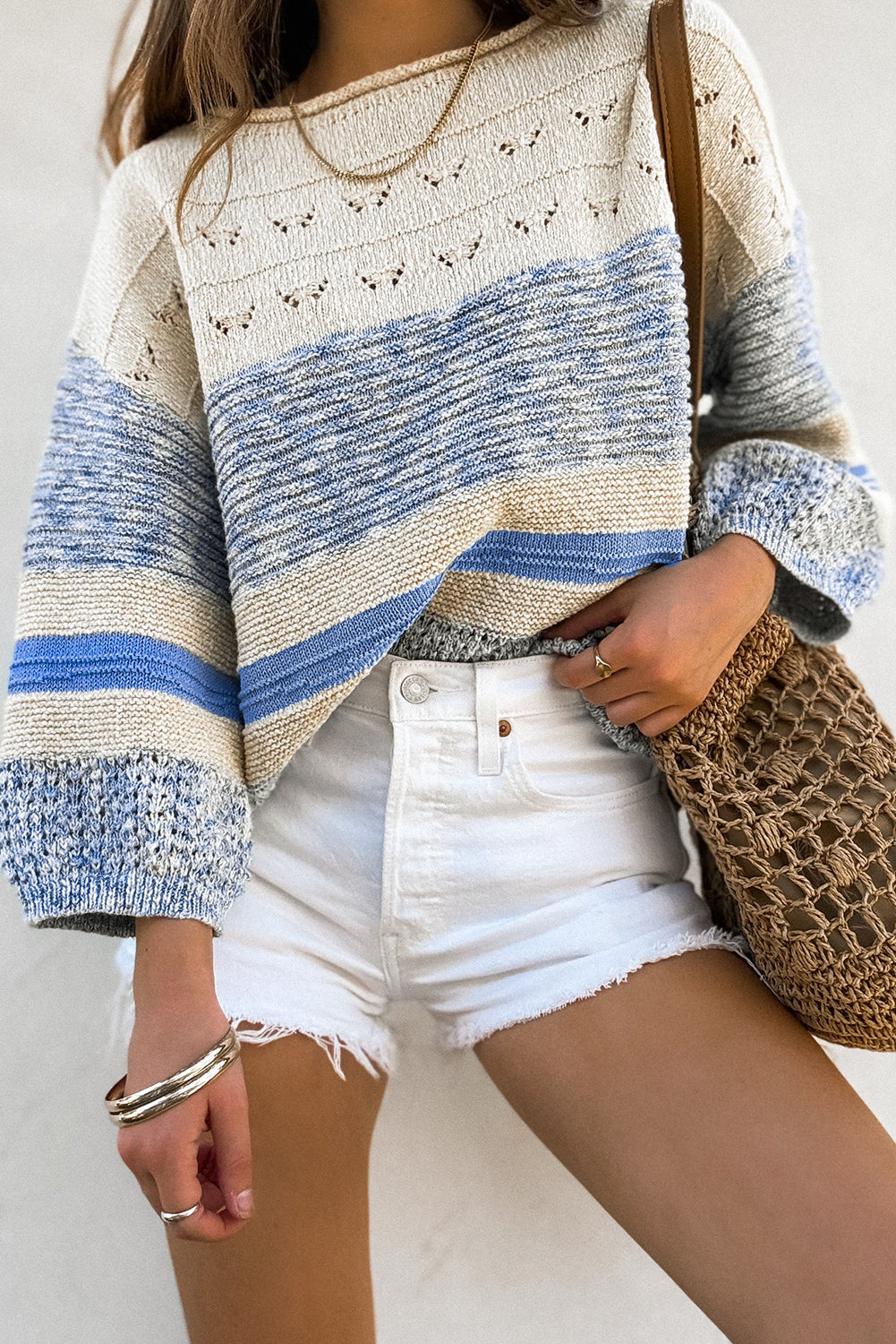 Light Blue Striped Puff Sleeve Sweater