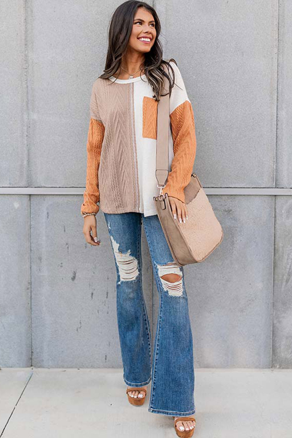 Long Sleeve Colorblock Chest Pocket Textured Knit Top