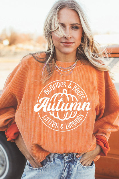 Orange Pumpkin Graphic Print Corded Oversized Sweatshirt