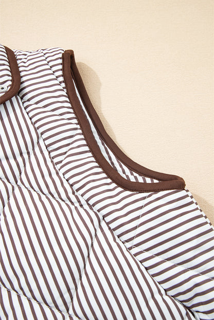 Brown Stripe Snap Button Scalloped Hem Collared Winter Vest