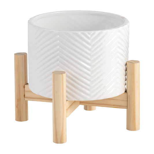 White Ceramic Chevron Planter w/ Wood Stand