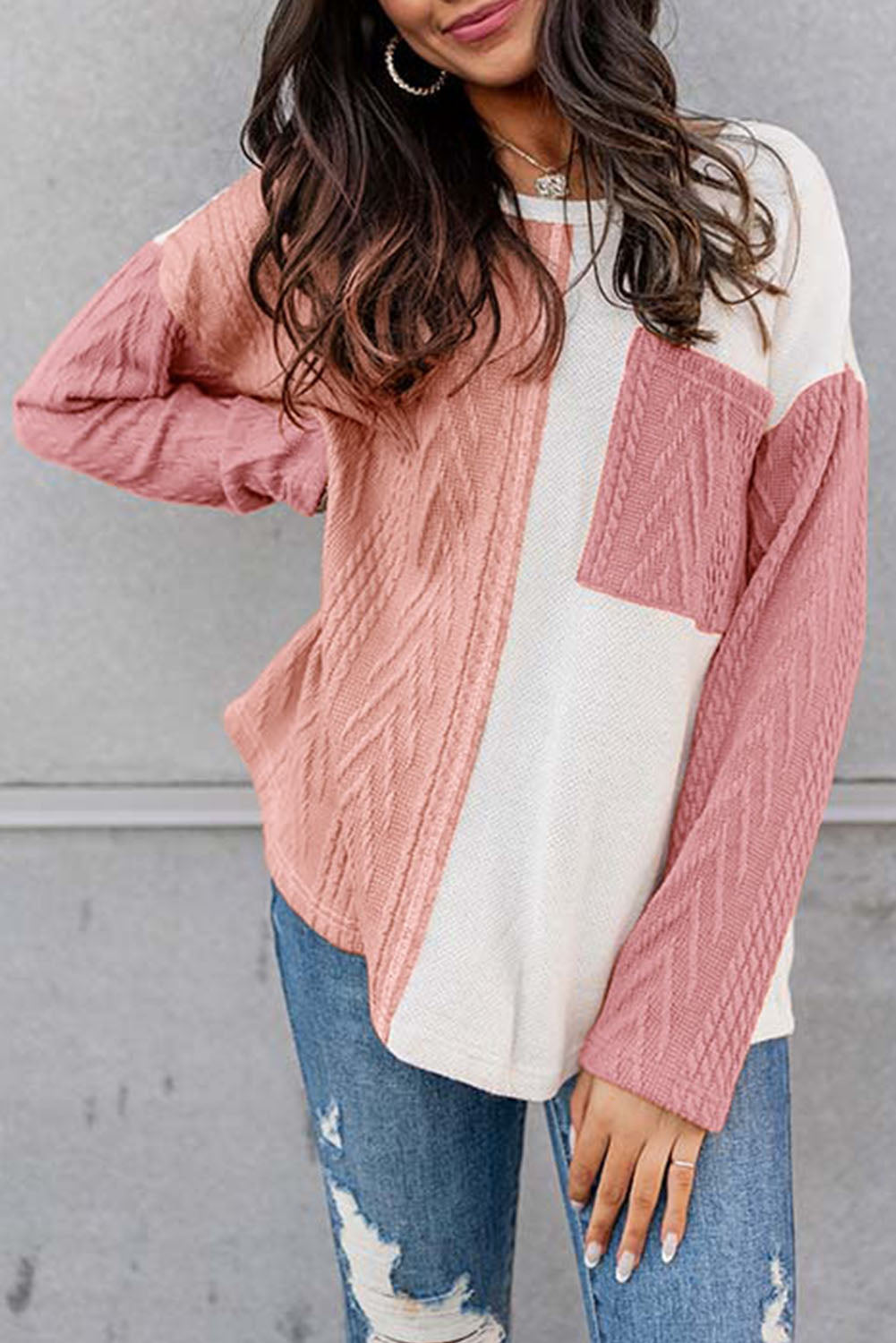 Long Sleeve Colorblock Chest Pocket Textured Knit Top