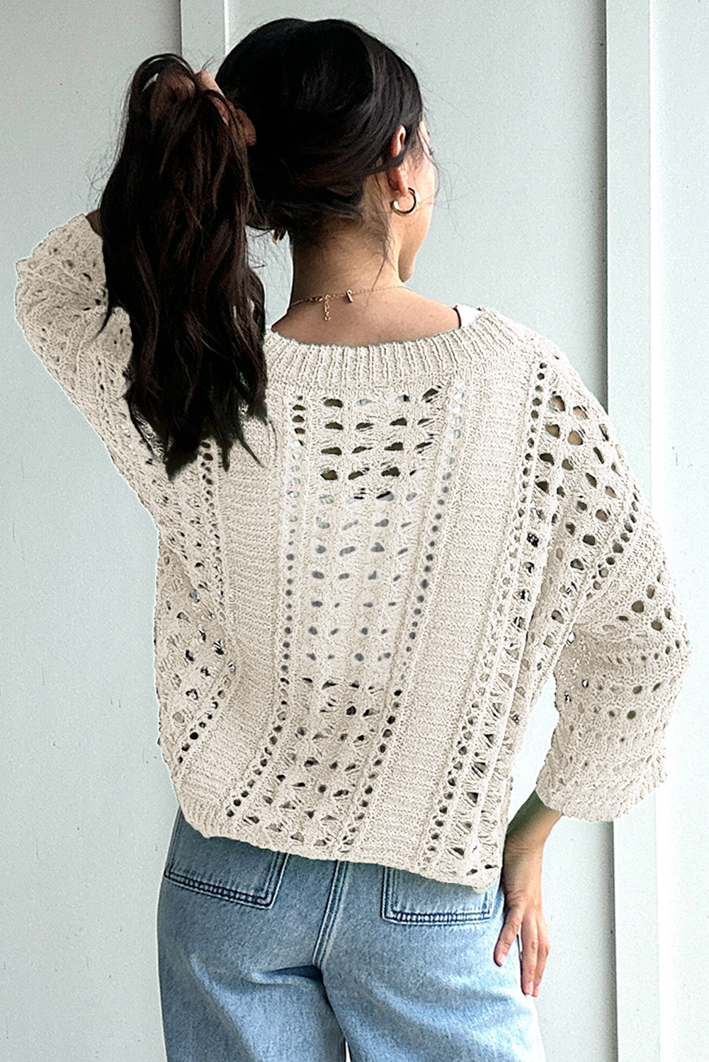 White Hollow Out Knit Bracelet Sleeve Drop Shoulder Sweater