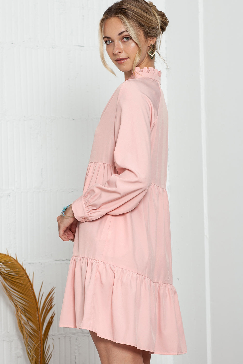 Pink Elegant Stand V Neck Short Frill Dress