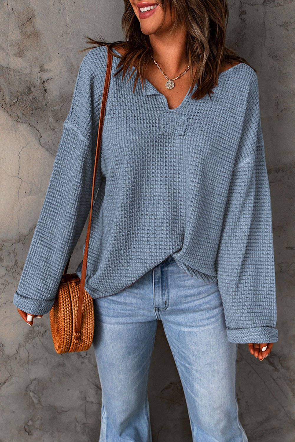 Waffle Drop Shoulder Long Sleeve Top