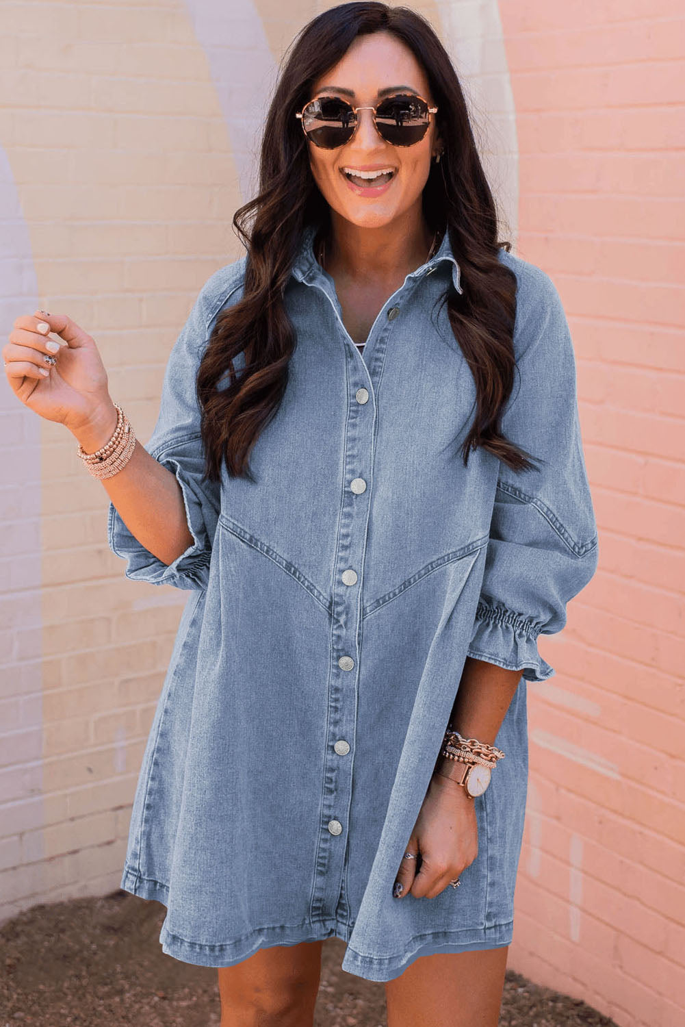 Gray Casual Buttoned Ruffle Cuffs Denim Short Dress