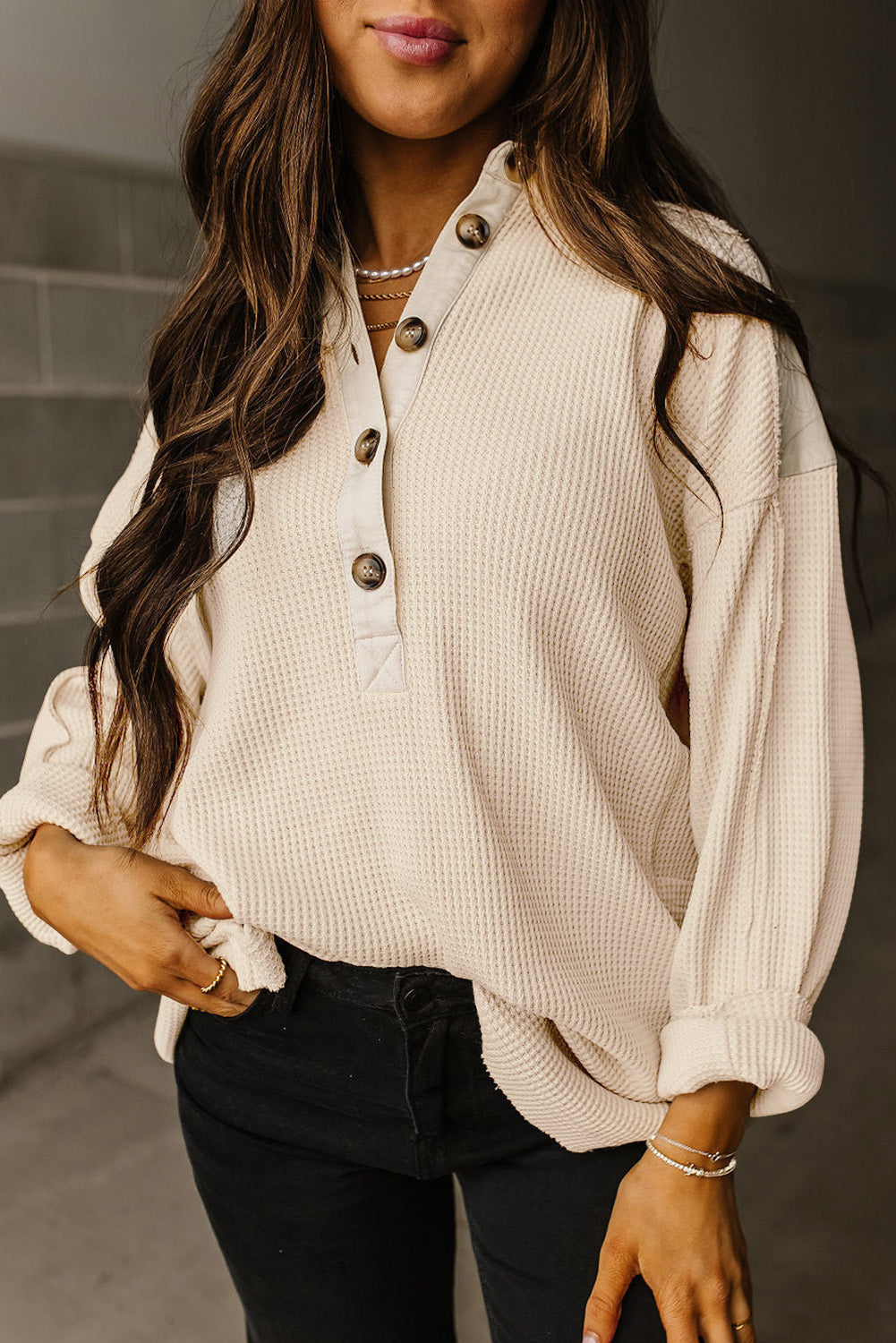 Pink Waffle Patchwork Drop Sleeve Henley Top - Cowaa