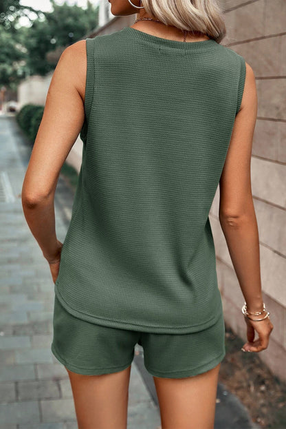 Mist Green Waffle Knit Tank Top & Shorts Set