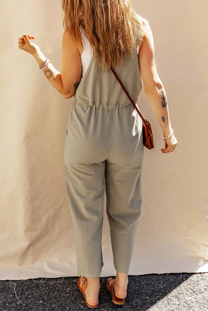 Black Drawstring Buttoned Straps Cropped Overalls