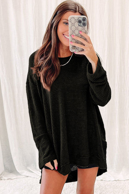 Waffle Knit Drop Sleeve High Slits Oversized Top