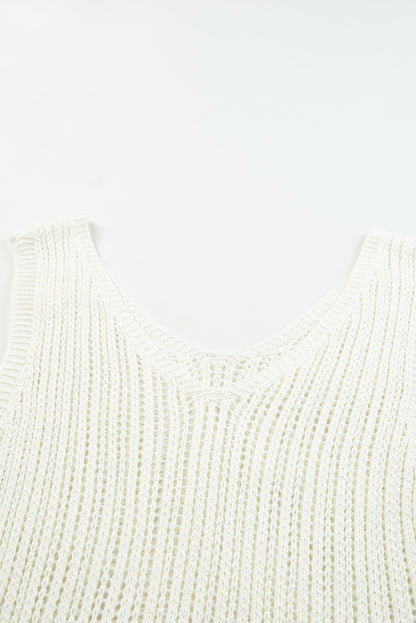 Khaki Hollowed Knit V Neck Tank Top