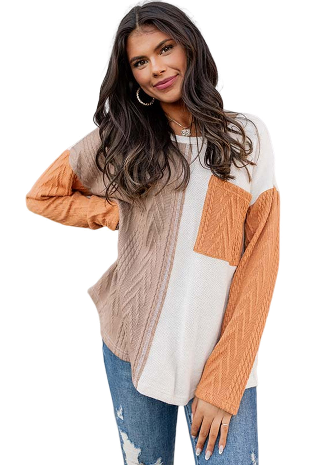 Long Sleeve Colorblock Chest Pocket Textured Knit Top