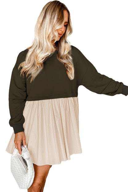 Khaki Sweatshirt 2-in-1 Flowy Pleated Mini Dress