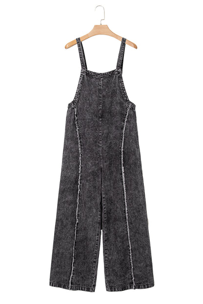 Blue Light Wash Frayed Exposed Seam Wide Leg Denim Overalls