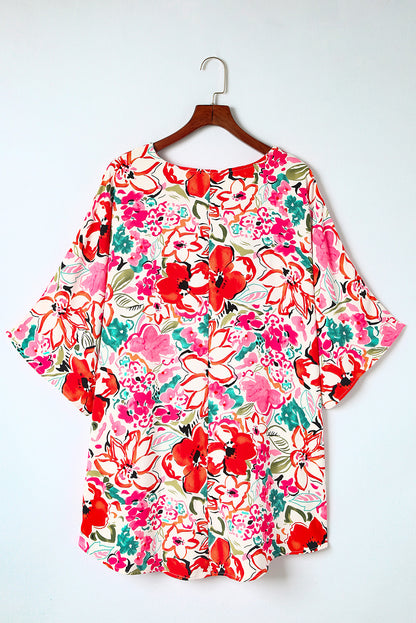 Camisa de manga kimono boho con estampado floral de talla grande rosa