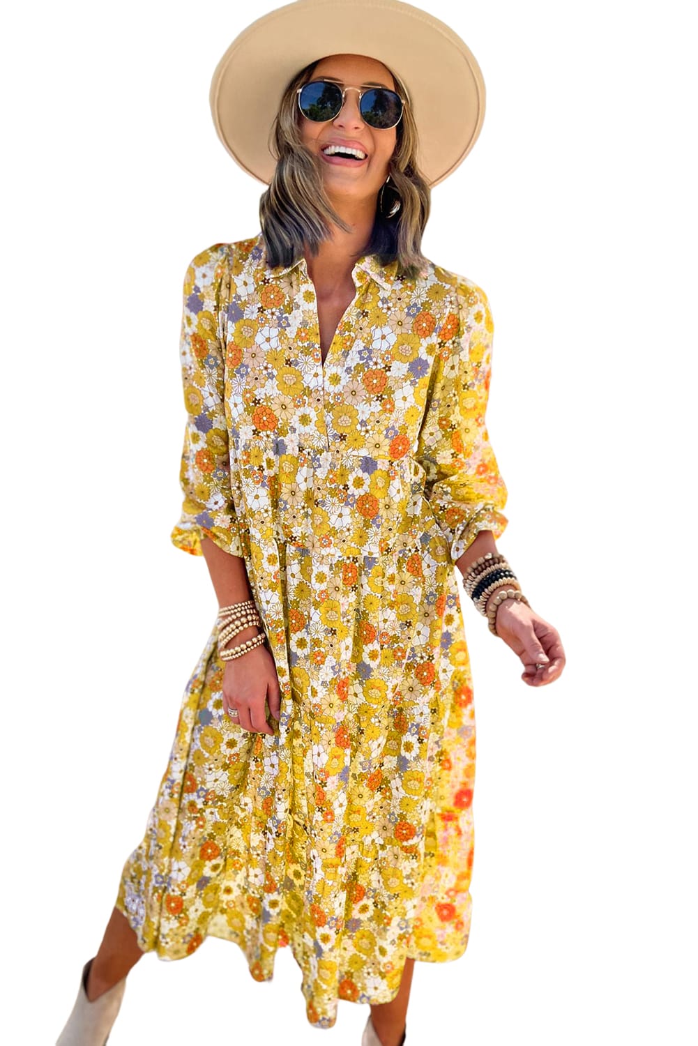 Vestido de manga larga con cuello floral bohemio multicolor