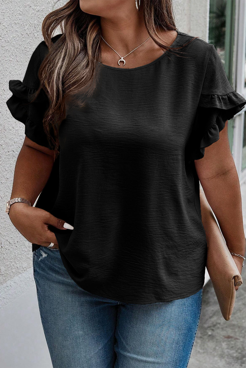 Black Ruffled Short Sleeve Plus Size Top