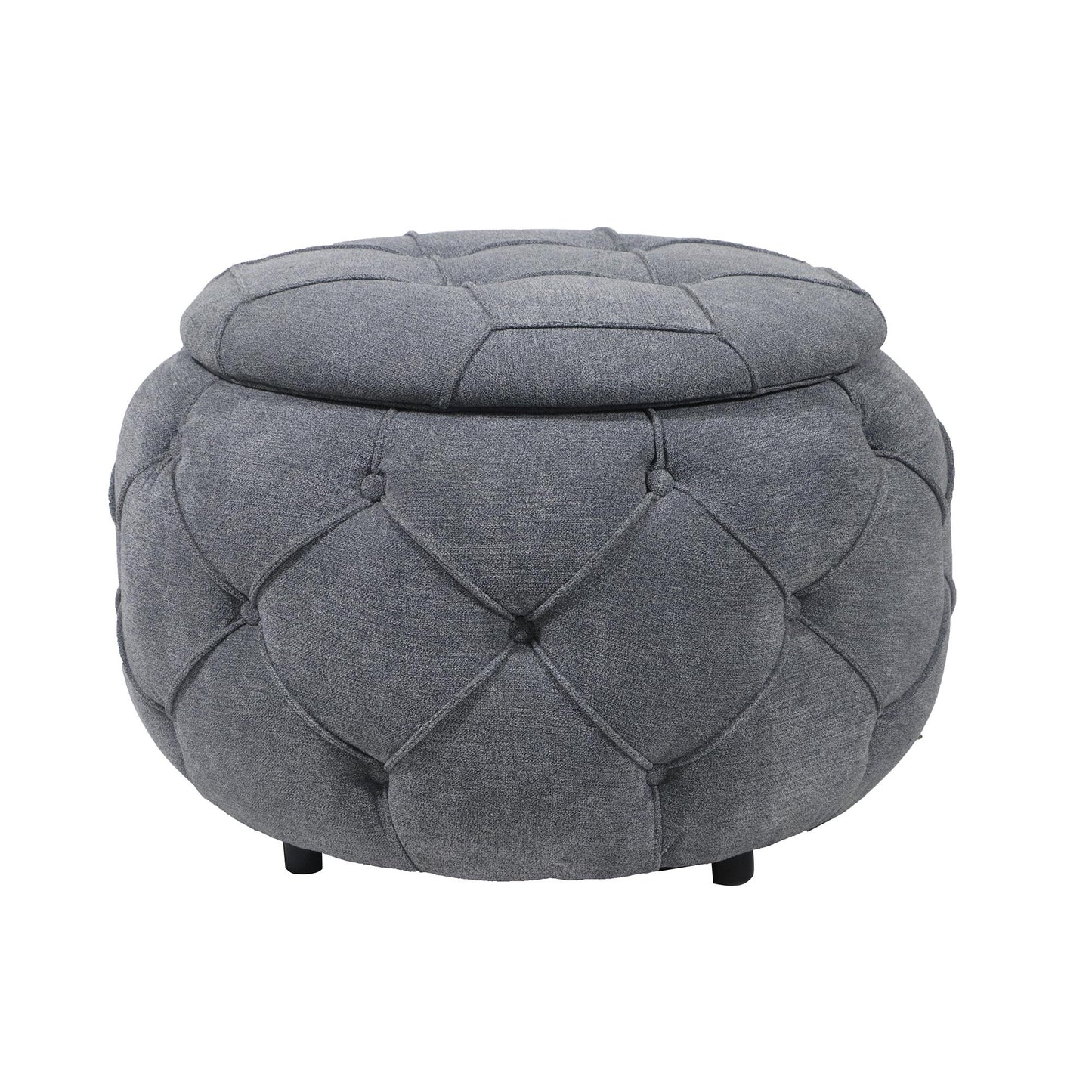 Grey Large Button Tufted Woven Round Storage Footstool