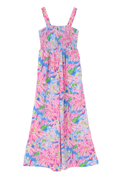 Pink Abstract Floral Painting Smocked Wide Leg Jumpsuit