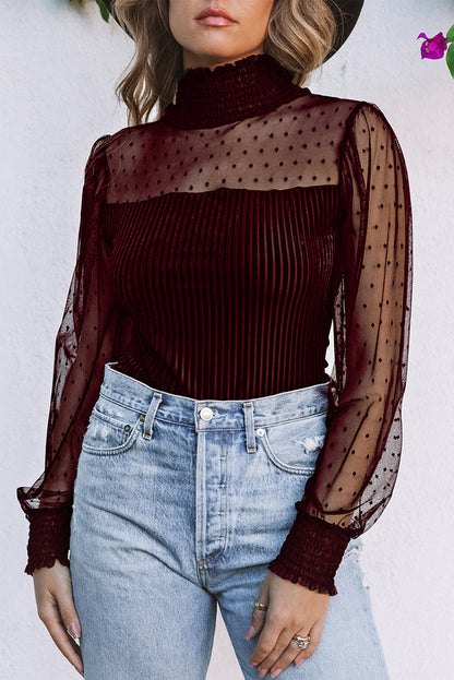 Sheer Dotty Puff Sleeve Ribbed Velvet Bodysuit