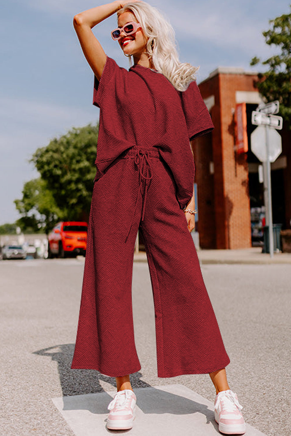 Navy Blue Textured Loose Fit T Shirt and Drawstring Pants Set