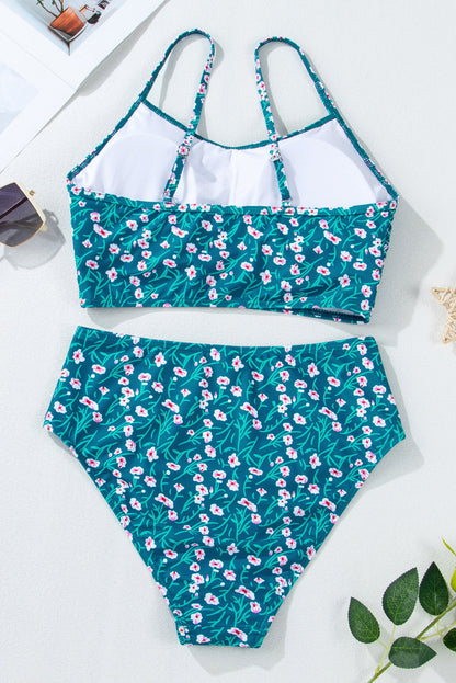 Blue Floral Print Smocked Cute Bikini Set