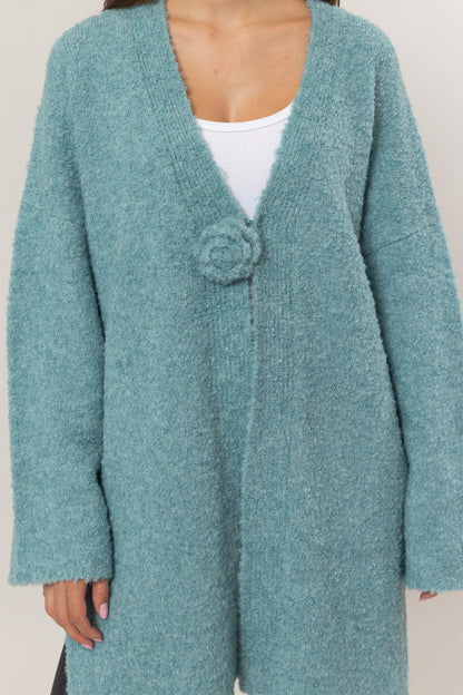 Ocean Blue Front Rosette Longline Slit Sweater Cardigan