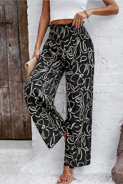 Black Boho Floral Print Elastic Waist Frill Pants