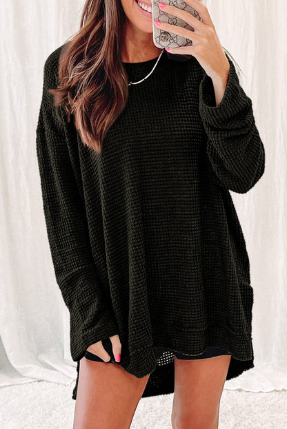 Waffle Knit Drop Sleeve High Slits Oversized Top