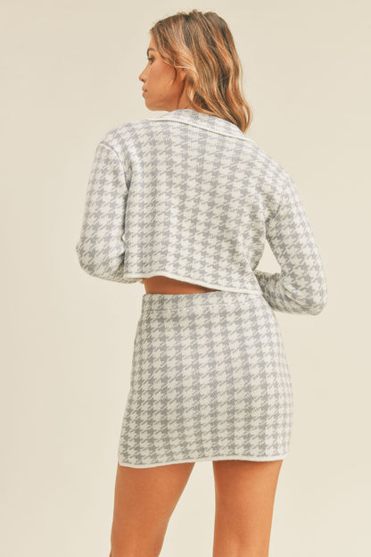 Blue Houndstooth Cropped Knit Cardigan & Mini Skirt Set