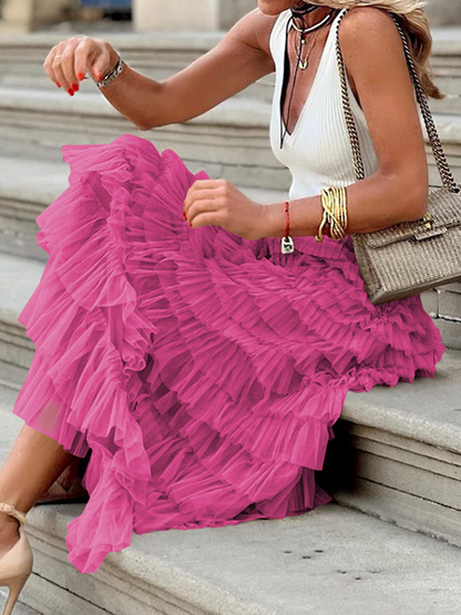 Mesh Flared Layered Hem Midi Skirt High Waist Pleated A Line