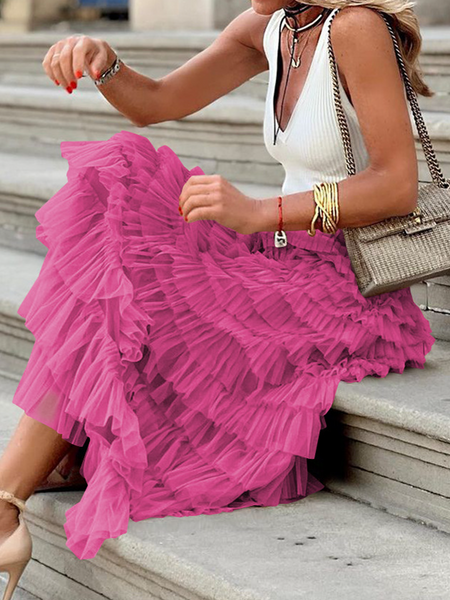 Mesh Flared Layered Hem Midi Skirt High Waist Pleated A Line