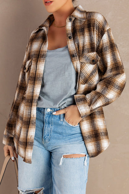 Button Up Collared Flannel Shirt Shacket with Flap Pockets