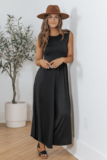 Black Solid Color Open Back Sleeveless Wide Leg Jumpsuit