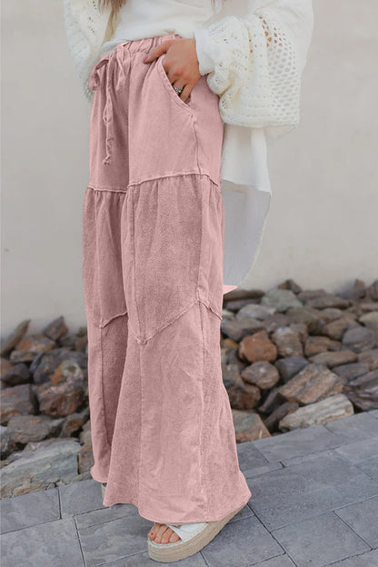 Straw Yellow Mineral Wash Tiered Wide Leg Patchwork Drawstring Pants