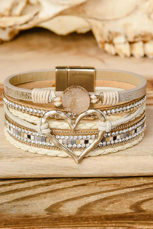 Pulsera con hebilla magnética y diamantes de imitación de corazón bohemio beige 